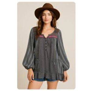 Free People Feather in the Wind Sheer Beaded Boho Tunic Top Blouse Size S